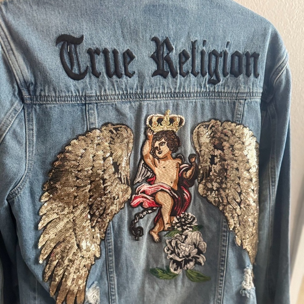 True Religion Blue Jean Jacket with Gold and Pink Embroidery